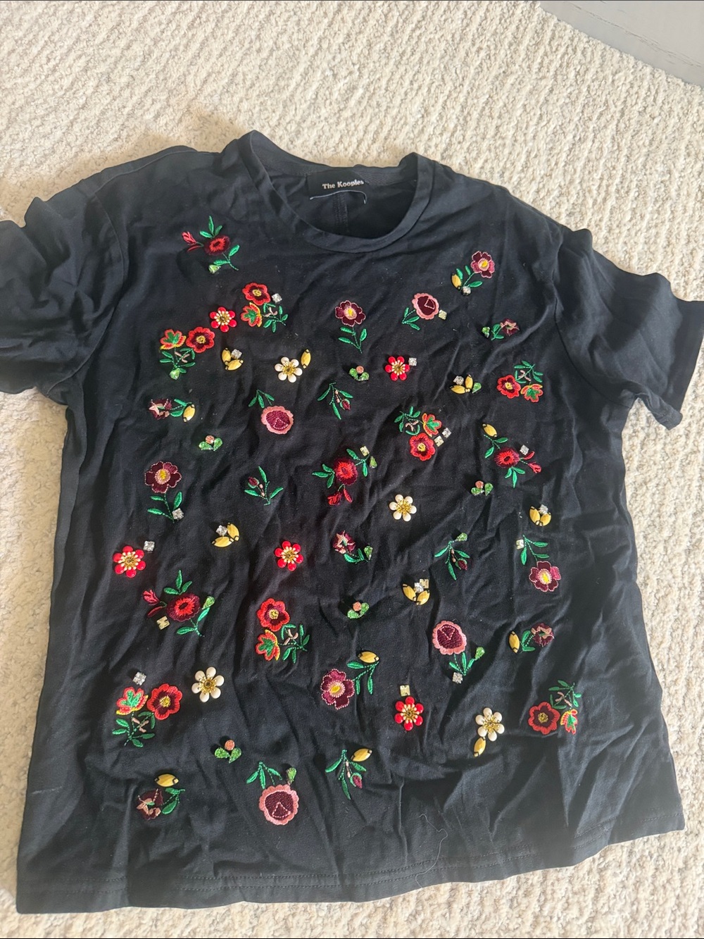 The Kooples Black Tee with Multicolor Floral Embroidery